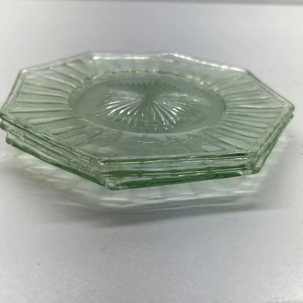 Lot Of 3 - Vintage Bundle Heisey Green Uranium Glass Octagon‎ Shaped 7